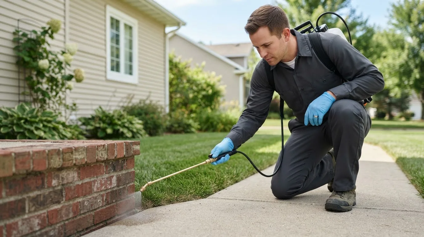 Pest control technician treating a home near Eddyville, OR