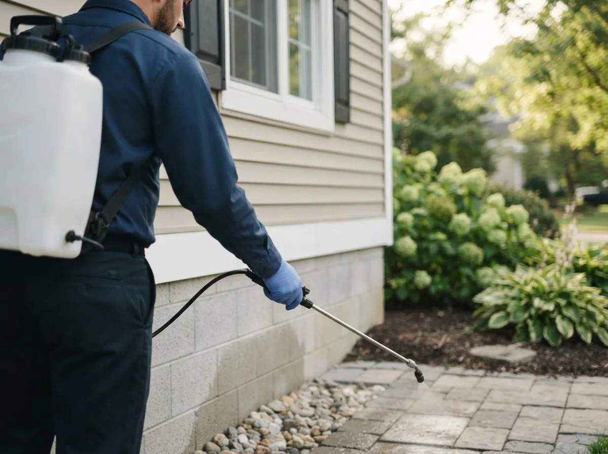 Pest control technician inspecting a home in Eddyville, OR